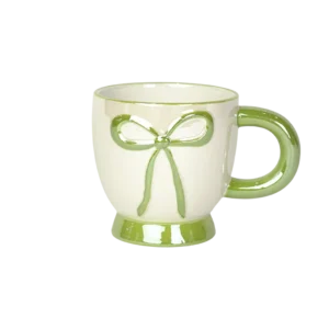 Ceramic ribbon design green mug with handle