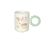 Ceramic white mug with aqua bubble design handle