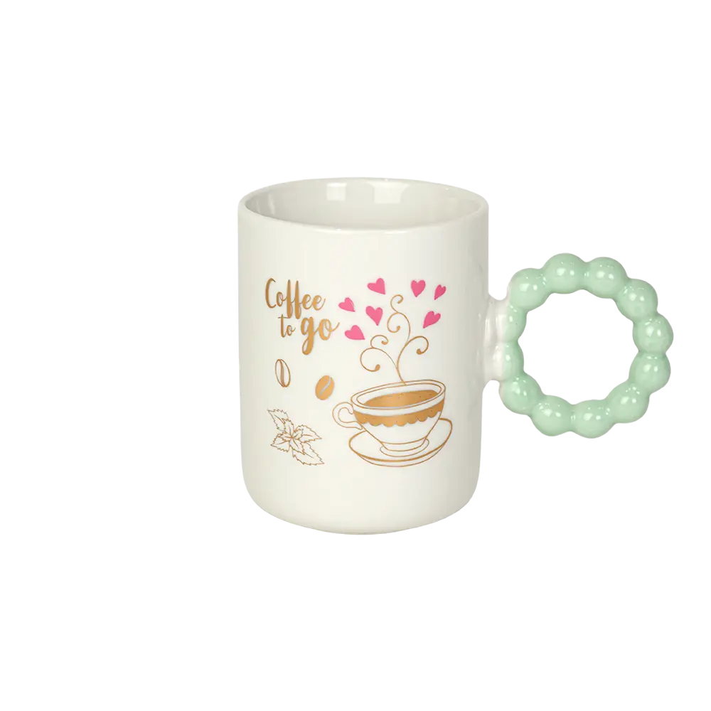 Ceramic white mug with aqua bubble design handle