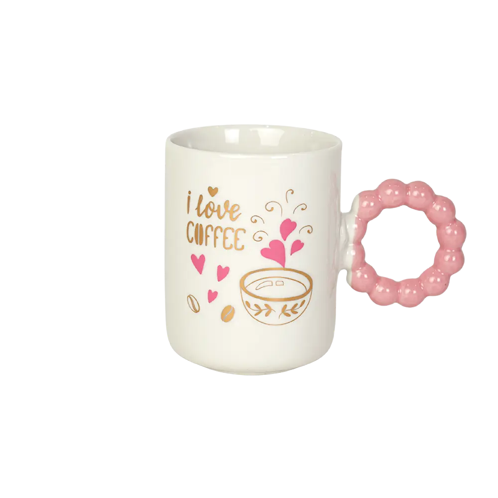Ceramic white mug with pink bubble design handle