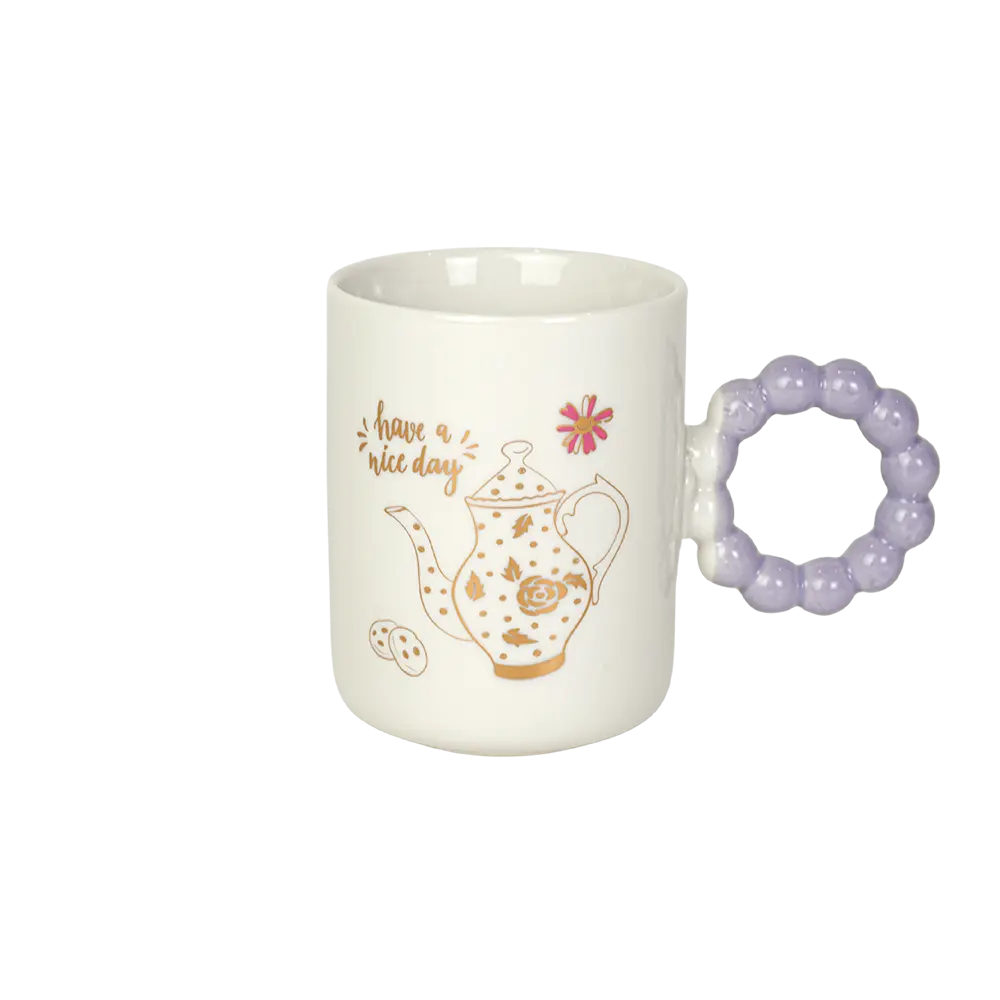 Ceramic white mug with purple bubble design handle