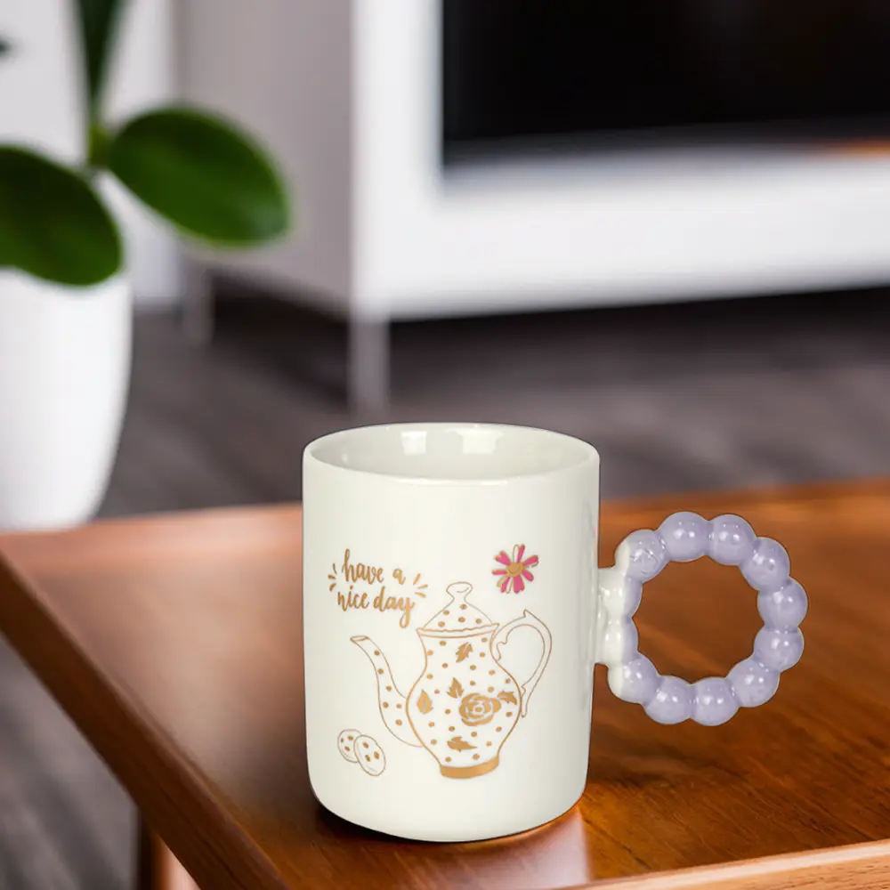 Ceramic white mug with purple bubble design handle1