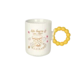 Ceramic white mug with yellow bubble design handle