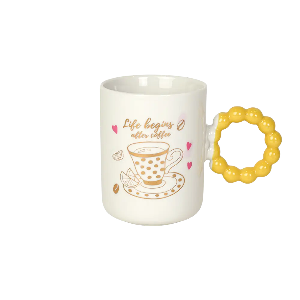 Ceramic white mug with yellow bubble design handle