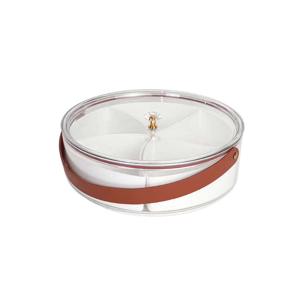 Circular compartment plastic food storage caddy with handle & lid
