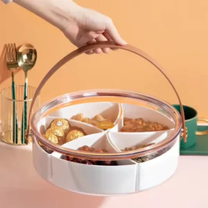 Circular compartment plastic food storage caddy with handle & lid1