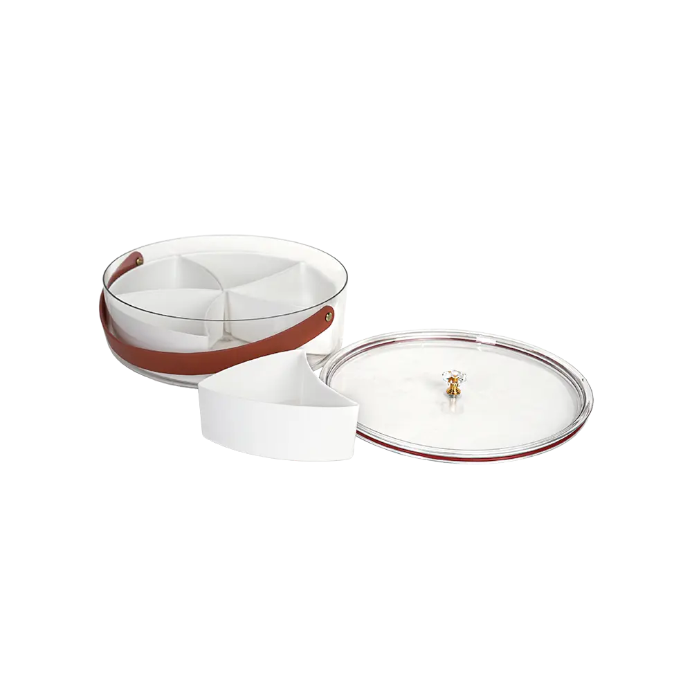 Circular compartment plastic food storage caddy with handle & lid2