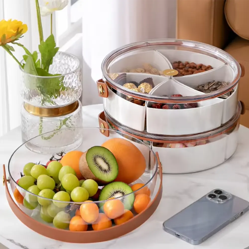 Circular compartment plastic food storage caddy with handle & lid3