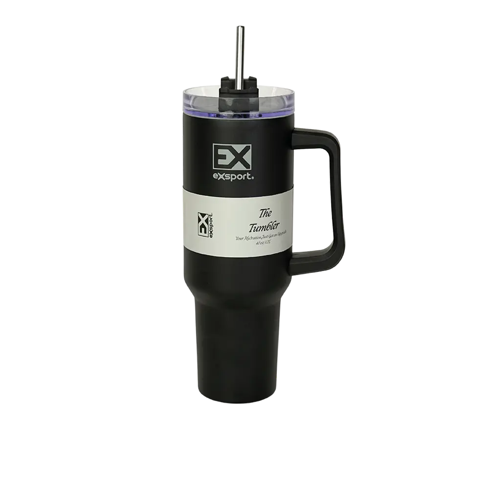 Exsport stainless 1200ml black mug with straw