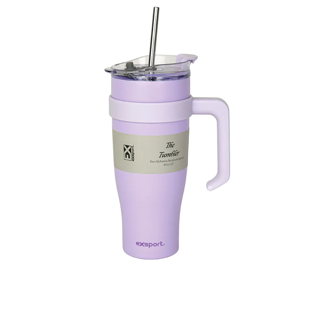 Exsport stainless 1200ml purple mug with straw