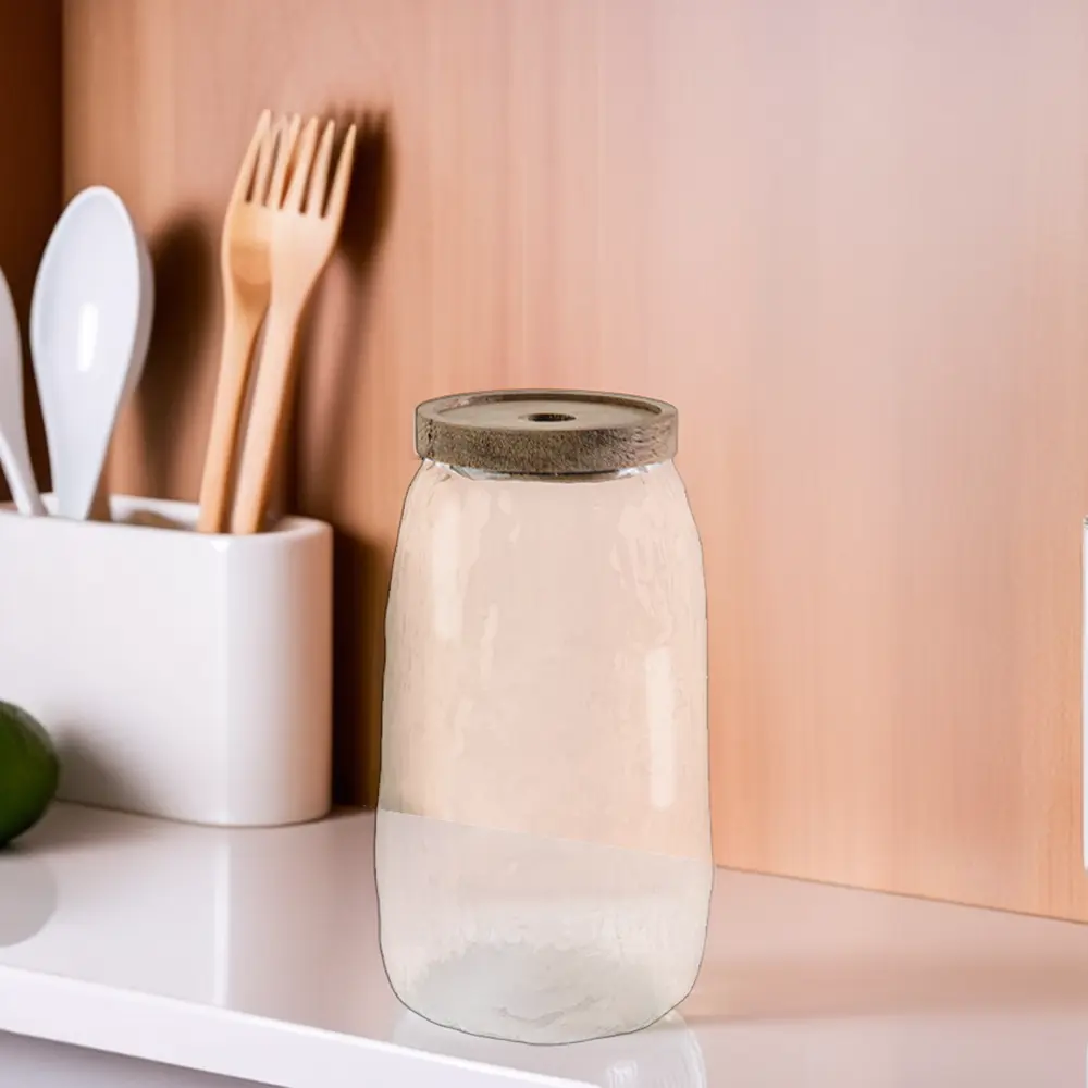 Glass-16cm-Jar-with-Wooden-Brown-Lid1 Glass 16cm jar with wooden brown lid1