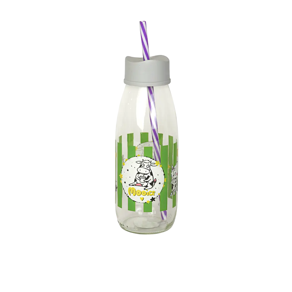 Glass 500ml cow design bottle with lid & straw