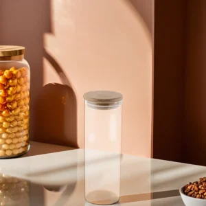 Glass 6.5x18cm jar with circular wooden lid1