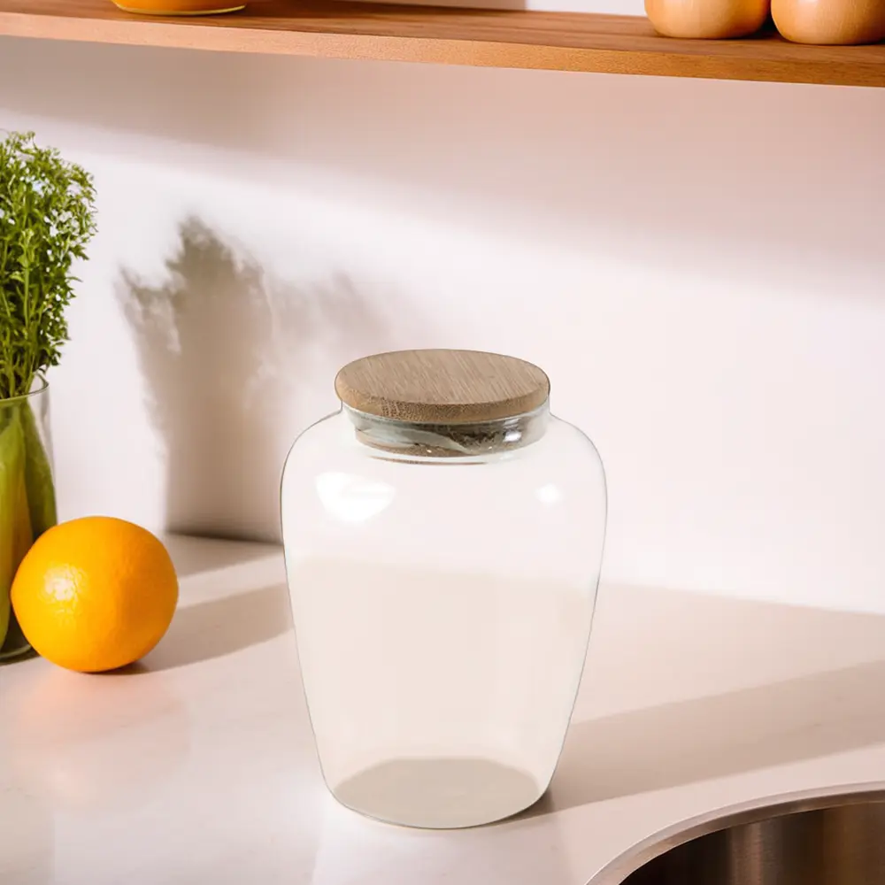 Glass 8x16cm jar with circular wooden lid1