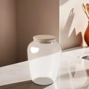 Glass 9x19cm jar with circular wooden lid1