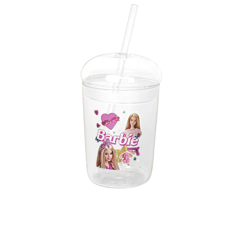 Glass barbie design mug with glass lid & straw