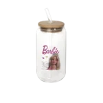 Glass barbie mug with wooden lid & glass straw