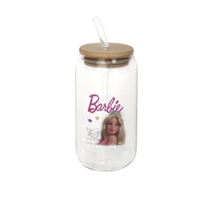 Glass barbie mug with wooden lid & glass straw