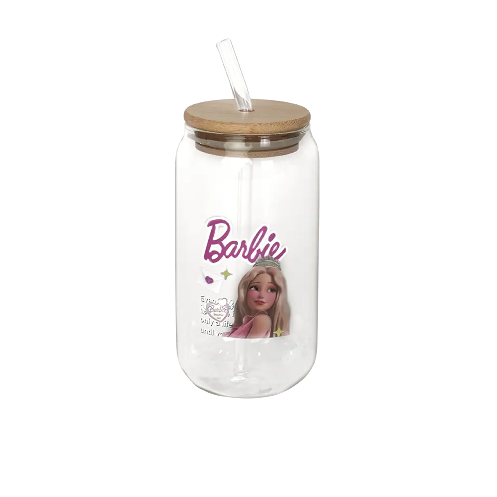 Glass-Barbie-Mug-with-Wooden-Lid-&-Glass-Straw Glass barbie mug with wooden lid & glass straw
