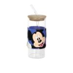 Glass mickey mouse design mug with wooden lid glass straw