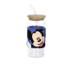 Glass mickey mouse design mug with wooden lid glass straw