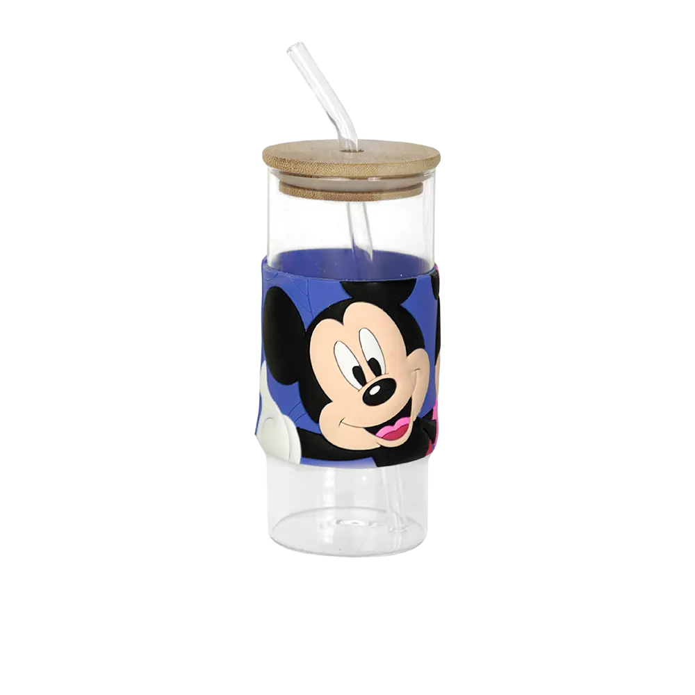 Glass mickey mouse design mug with wooden lid glass straw