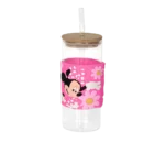 Glass minnie mouse design mug with wooden lid glass straw