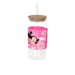 Glass minnie mouse design mug with wooden lid glass straw