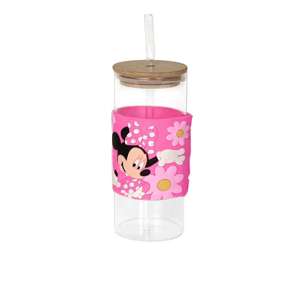 Glass minnie mouse design mug with wooden lid glass straw