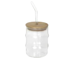 Glass mug curved design with wooden lid & glass straw
