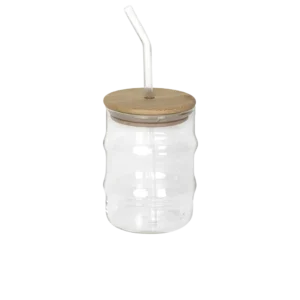 Glass mug curved design with wooden lid & glass straw