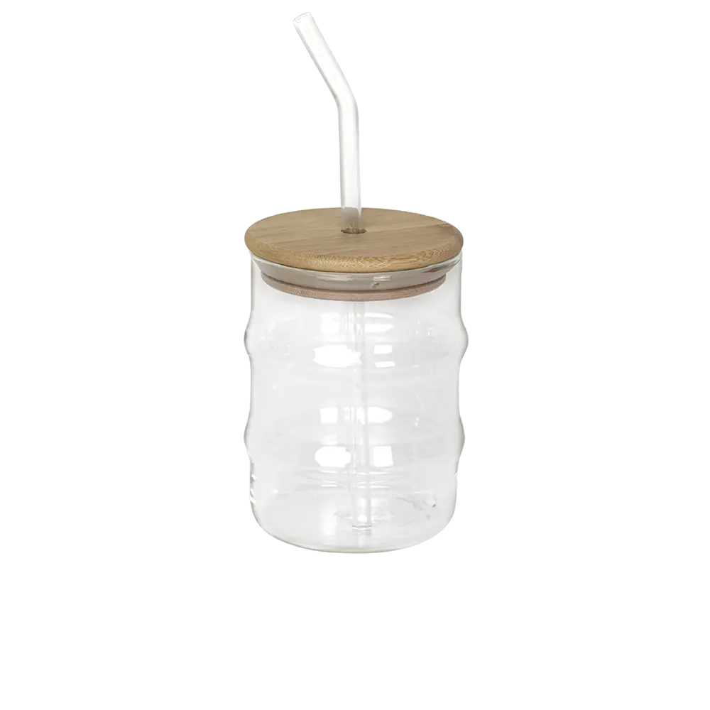 Glass mug curved design with wooden lid & glass straw