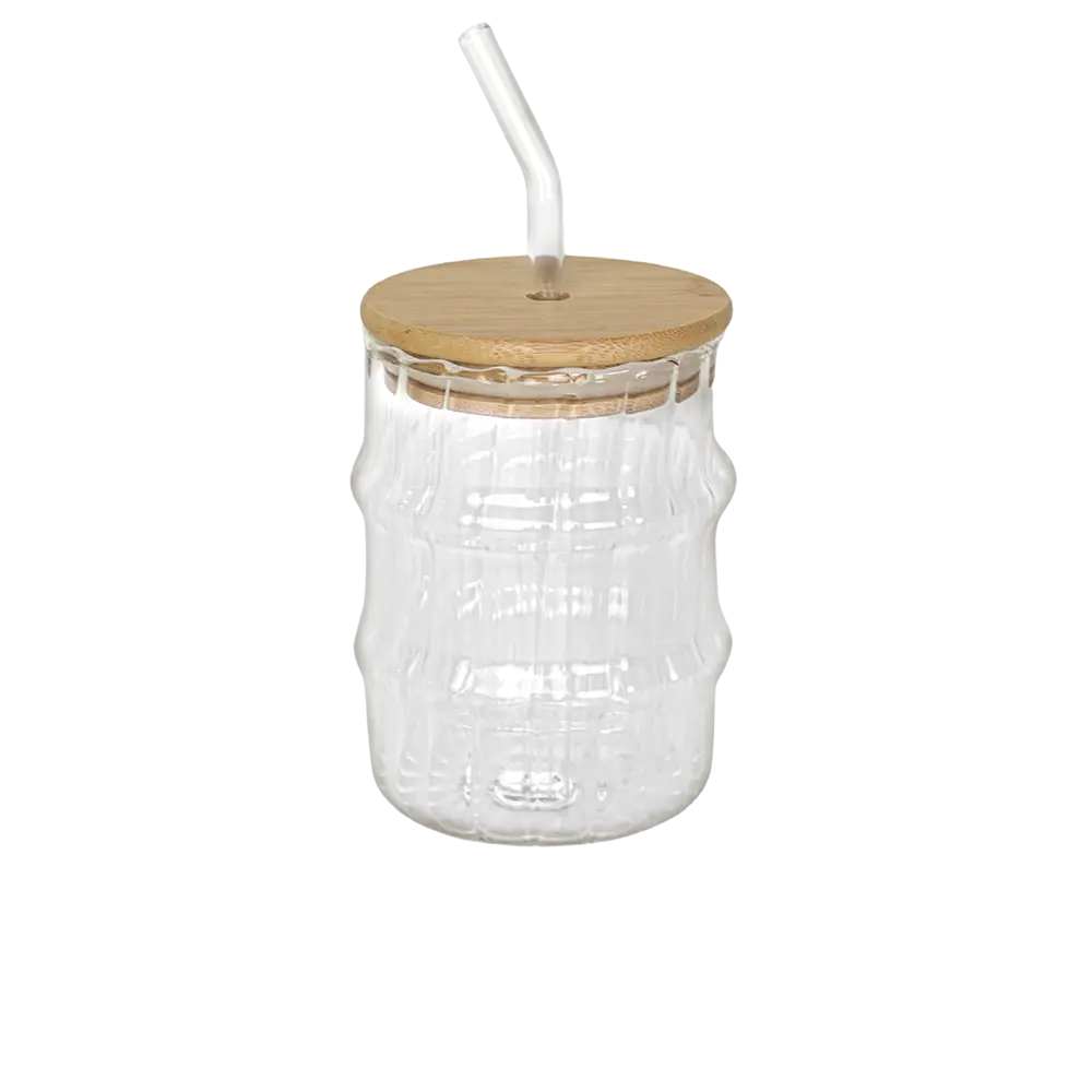 Glass mug ribbed design with wooden lid & glass straw
