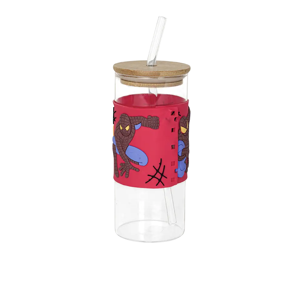Glass spiderman design mug with wooden lid glass straw