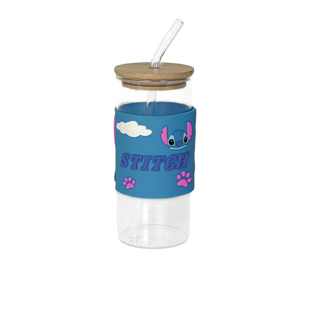 Glass stitch design mug with wooden lid glass straw