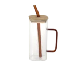 Glass transparent mug with brown glass straw & handle