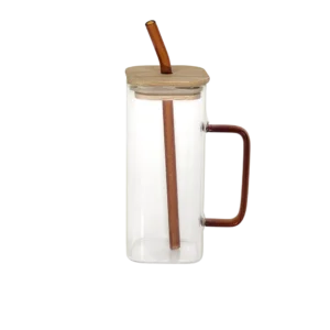 Glass transparent mug with brown glass straw & handle