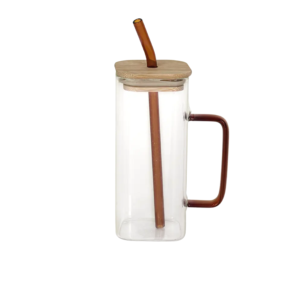 Glass transparent mug with brown glass straw & handle