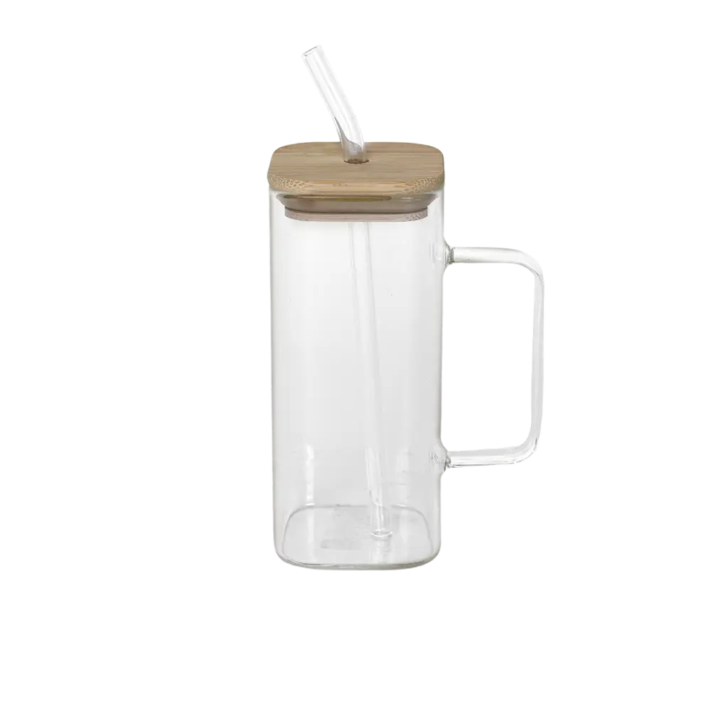 Glass transparent mug with glass straw & handle