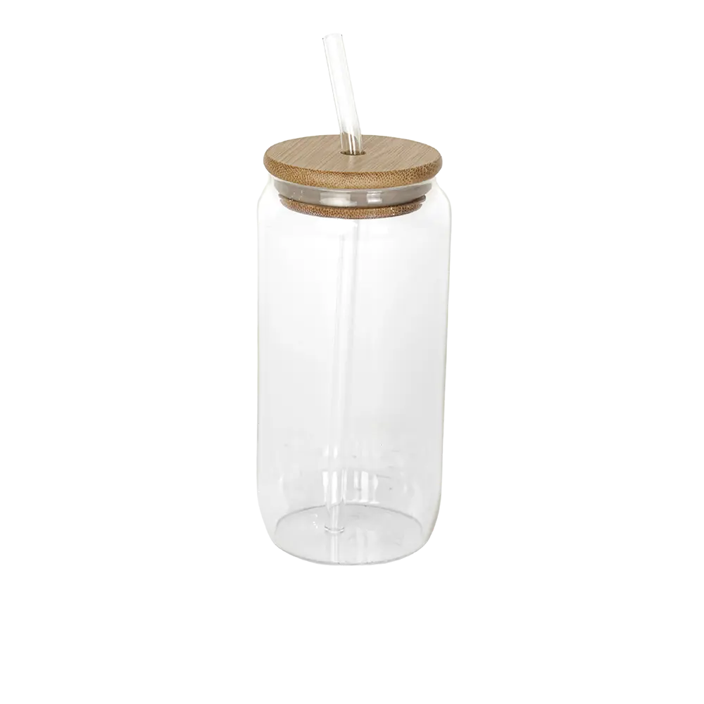 Large glass mug with wooden lid & glass straw