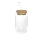 Medium glass mug with wooden lid & glass straw