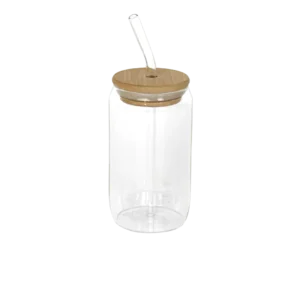 Medium glass mug with wooden lid & glass straw
