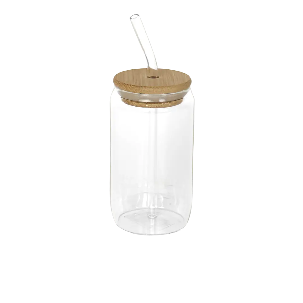 Medium glass mug with wooden lid & glass straw