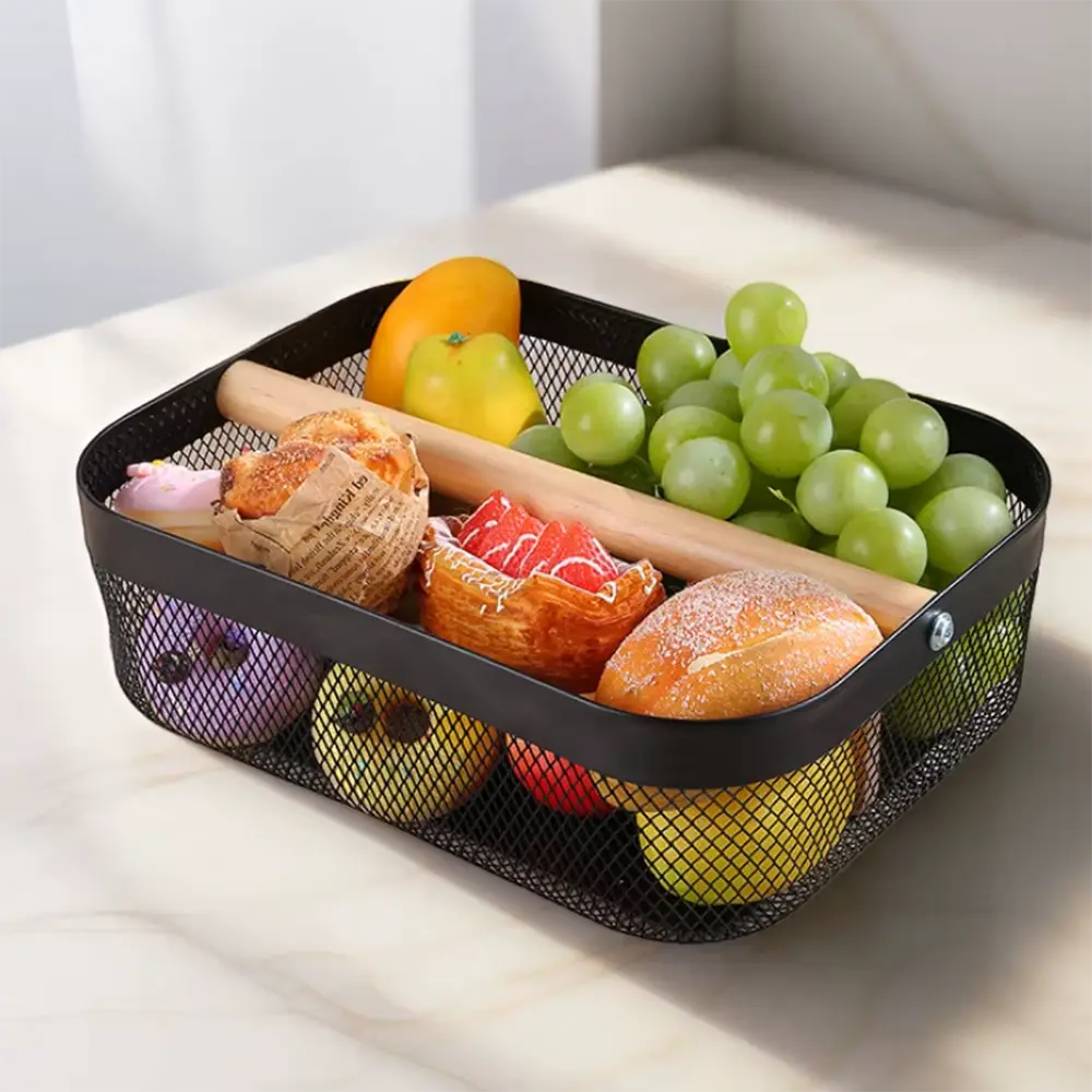 Metal wire mesh storage basket with wooden handle1