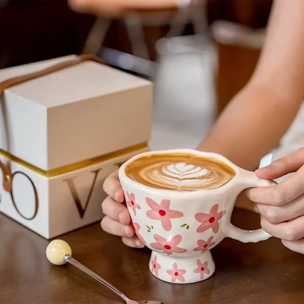 Ceramic 300ml beige flowers design mug2