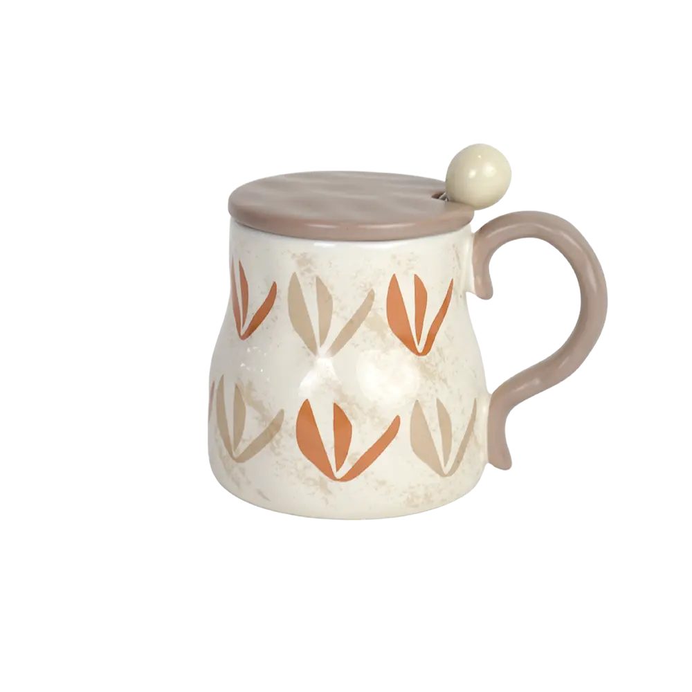 Ceramic 450ml beige mug with brown lid & spoon