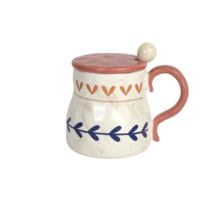 Ceramic 450ml beige mug with orange lid & spoon