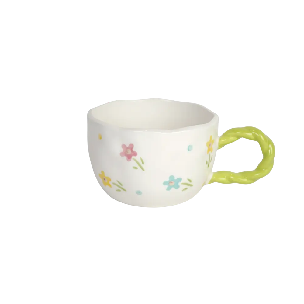 Ceramic-Floral-Design-Mug-with-Light-Green-Handle Ceramic floral design mug with light green handle