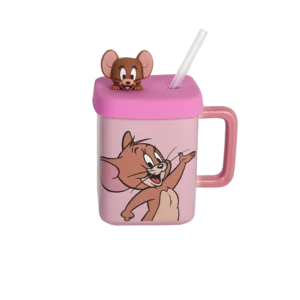 Ceramic jerry design pink mug with straw & lid