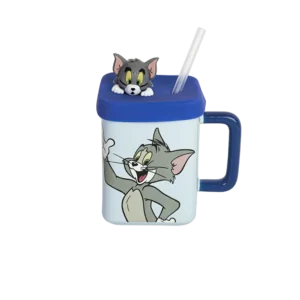 Ceramic tom design blue mug with straw & lid